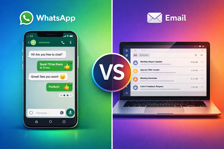 WhatsApp vs Email marketing visual with chat and email for business use
