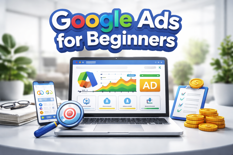Google Ads for beginners concept showing online advertising and PPC strategy