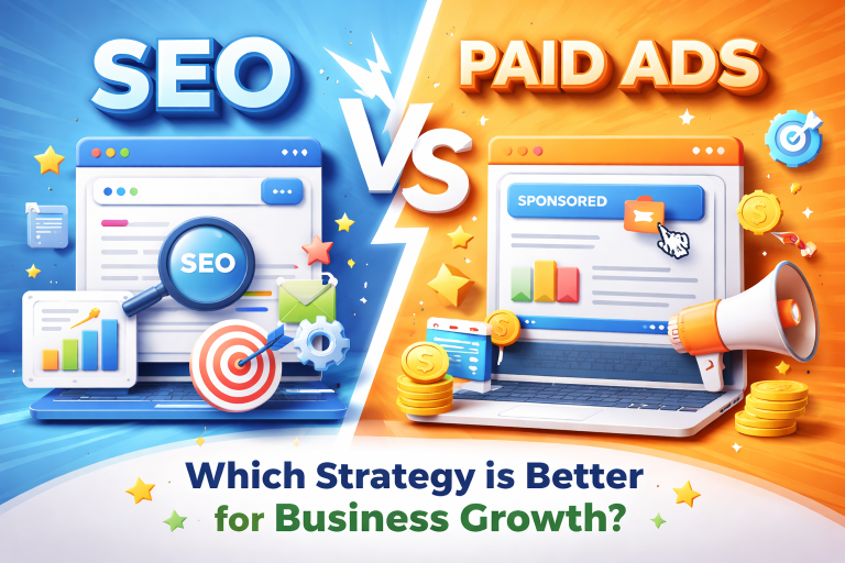 SEO vs paid ads comparison showing organic search and paid advertising strategies for business growth