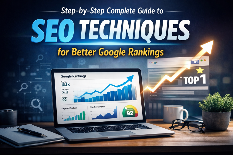 Modern SEO Techniques concept with laptop displaying Google ranking analytics