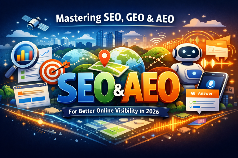 Futuristic illustration showing SEO, GEO, and AEO concepts for improving online visibility in 2026 digital marketing strategy